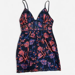 TOBI Black blue and red floral embroidered mini dress with mesh overlay